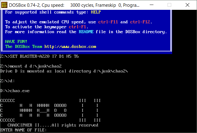 Chaocipher II emulated in DOSBox